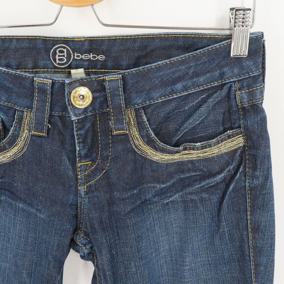 Bebe Womens 27 Gold Silver Thread Embroidered Dark Blue Denim Jeans Flare Y2K - Picture 3 of 13